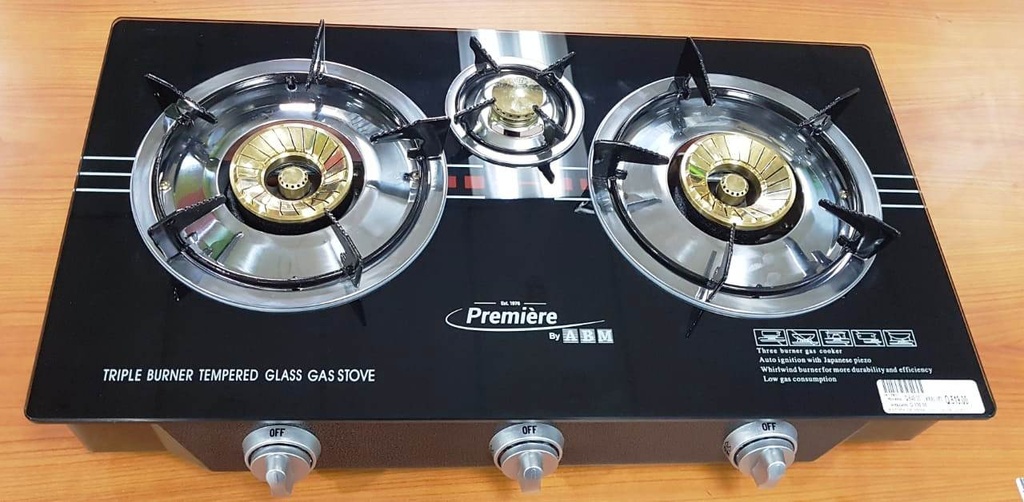 Estufa de 3 hornillas top de Vidrio negro MARCA PREMIERE BY ABM