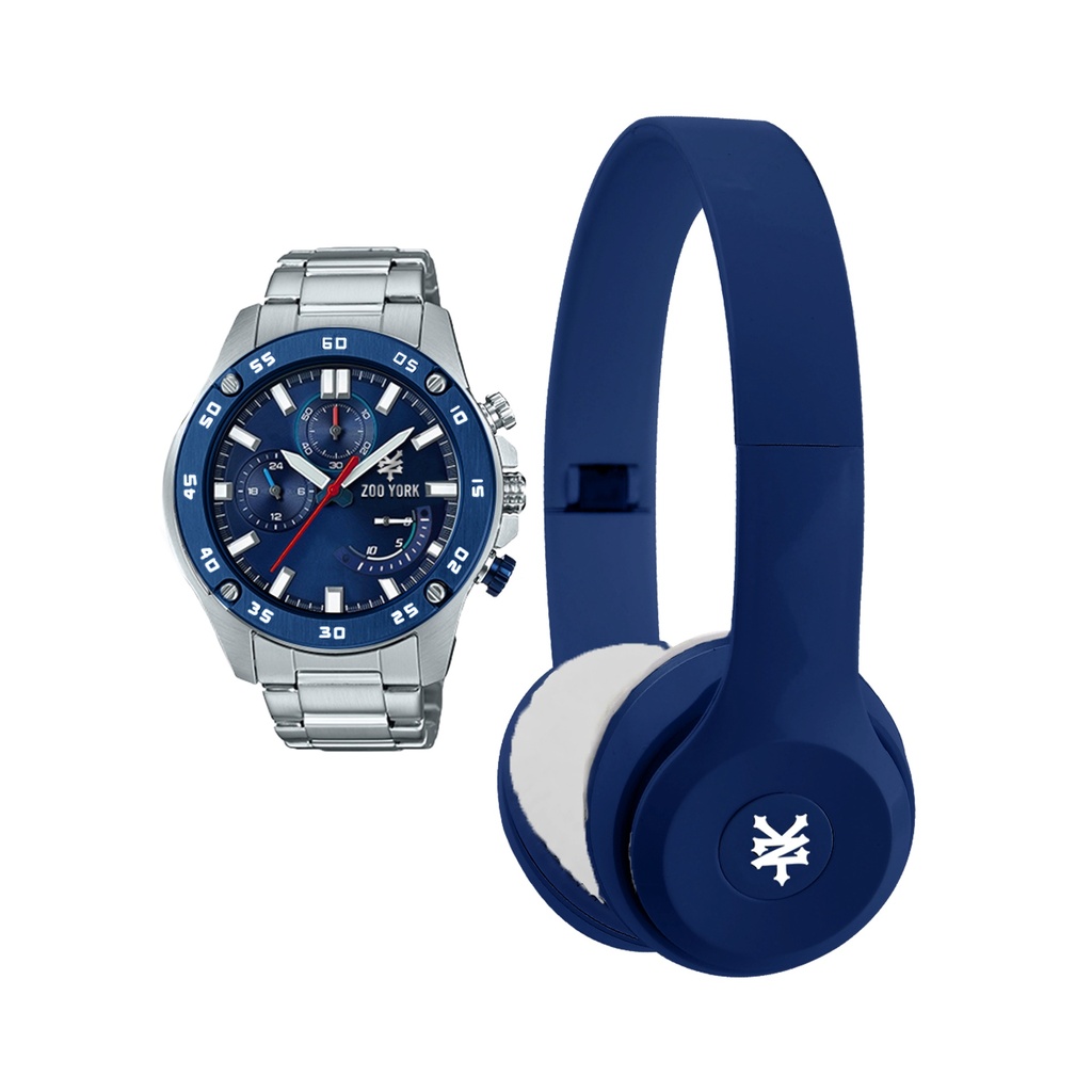 Reloj Plateado con Carátula Azul y Audífonos Azules